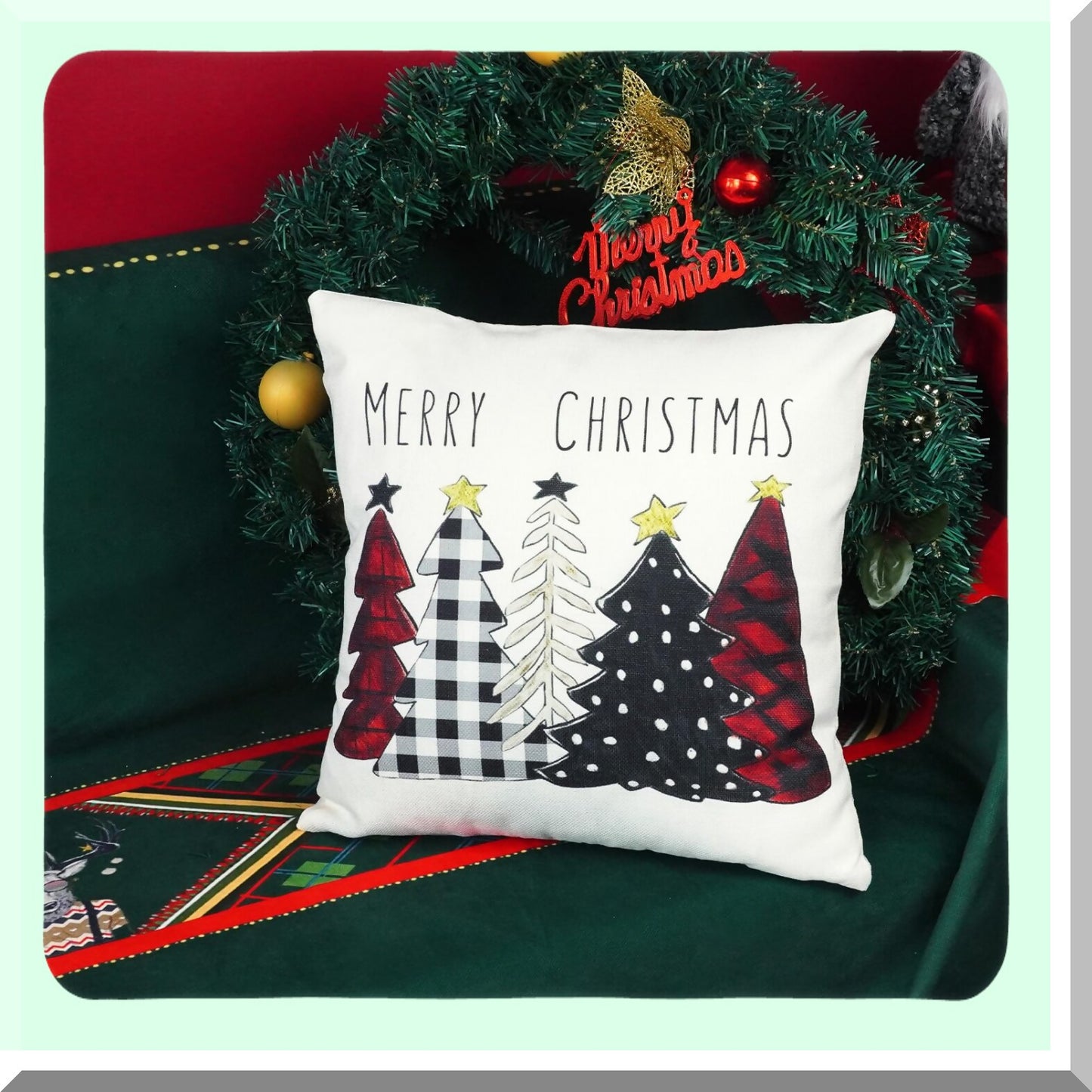 Winter Wonderland Plaid Pillowcase Set - 18x18 Inch Xmas Tree Decorative Cushion Covers for Sofa - Farmhouse Holiday Merry Red & Green Buffaloplaid