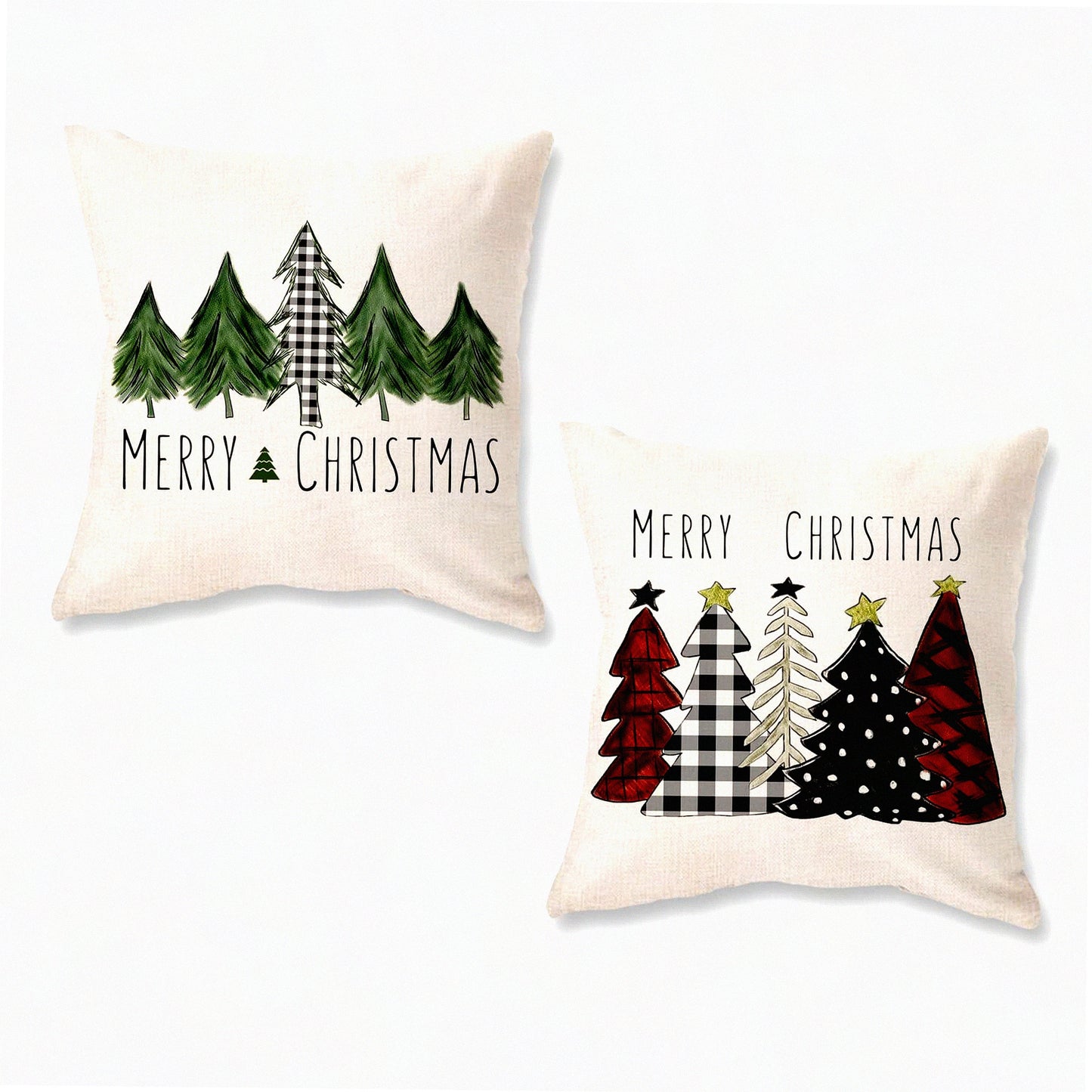 Winter Wonderland Plaid Pillowcase Set - 18x18 Inch Xmas Tree Decorative Cushion Covers for Sofa - Farmhouse Holiday Merry Red & Green Buffaloplaid