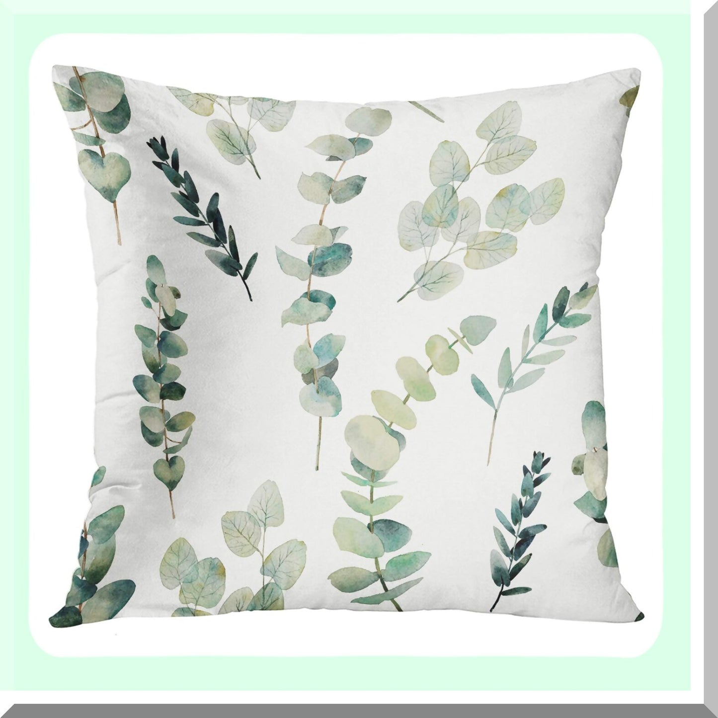 Greenery Bliss Eucalyptus Leaf Pillow Covers - Hand Painted Watercolor Floral Design - Natural Plant Objects - 18x18 Inch Cushion Pillowcase for Sofa - White Twig Decor