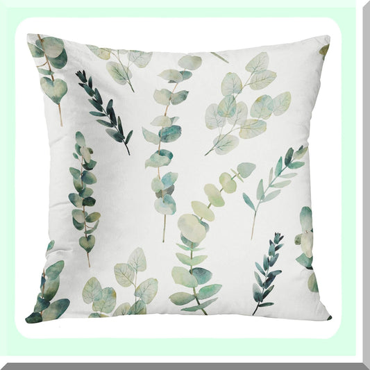 Greenery Bliss Eucalyptus Leaf Pillow Covers - Hand Painted Watercolor Floral Design - Natural Plant Objects - 18x18 Inch Cushion Pillowcase for Sofa - White Twig Decor