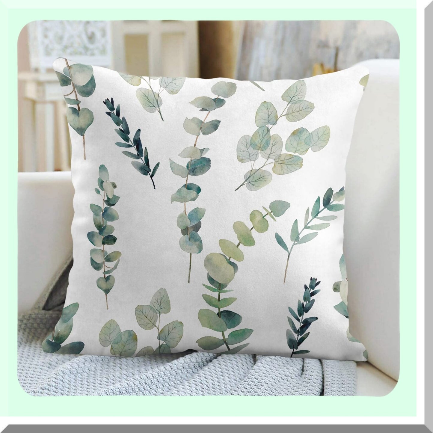 Greenery Bliss Eucalyptus Leaf Pillow Covers - Hand Painted Watercolor Floral Design - Natural Plant Objects - 18x18 Inch Cushion Pillowcase for Sofa - White Twig Decor
