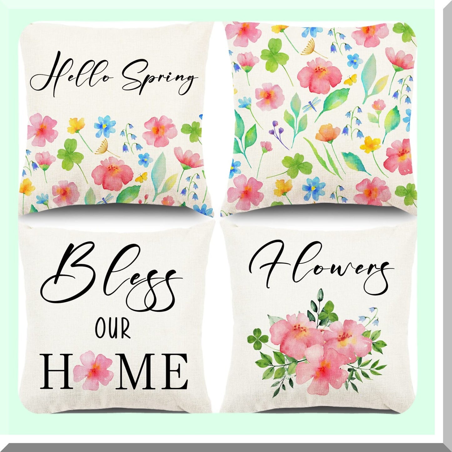 Floral Spring Farmhouse Pillow Covers Set - Pink Daisy Decorative Cushion Cases 18x18 - Outdoor Couch Throw Pillows - Home Decor Accent Kit