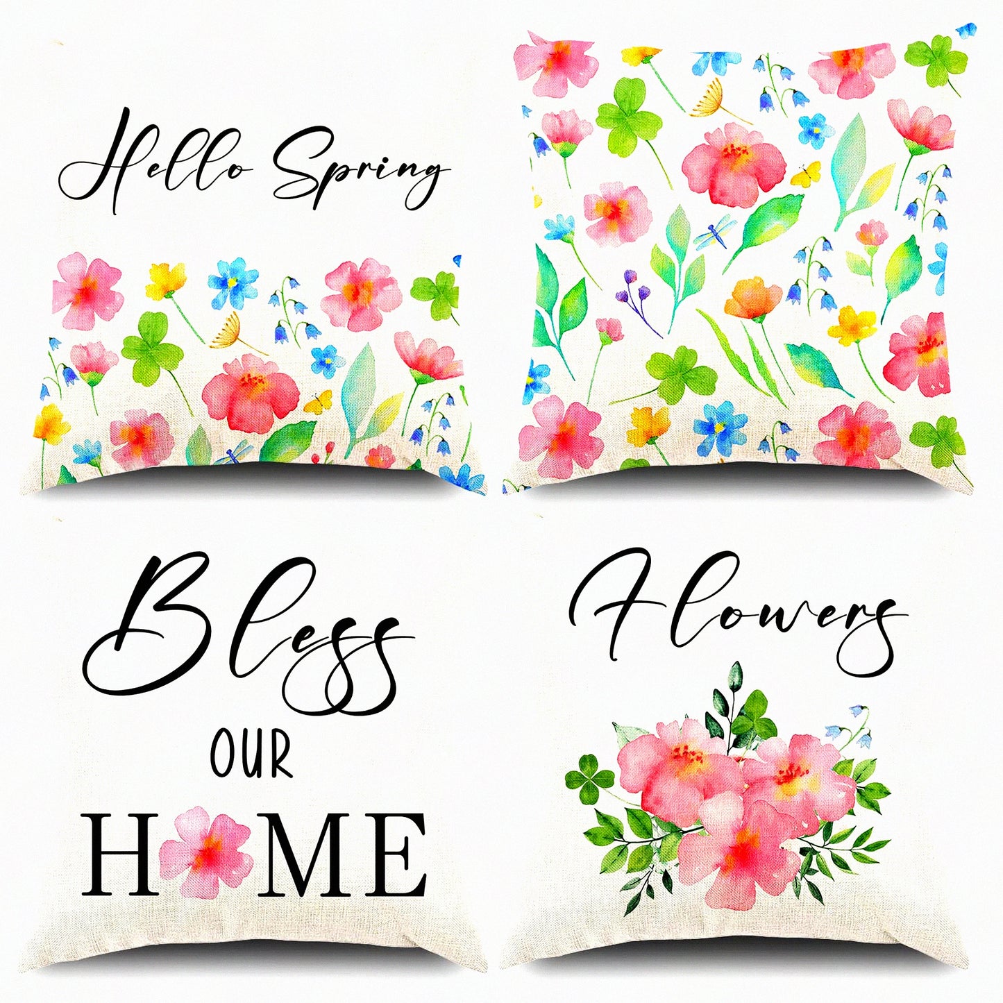 Floral Spring Farmhouse Pillow Covers Set - Pink Daisy Decorative Cushion Cases 18x18 - Outdoor Couch Throw Pillows - Home Decor Accent Kit