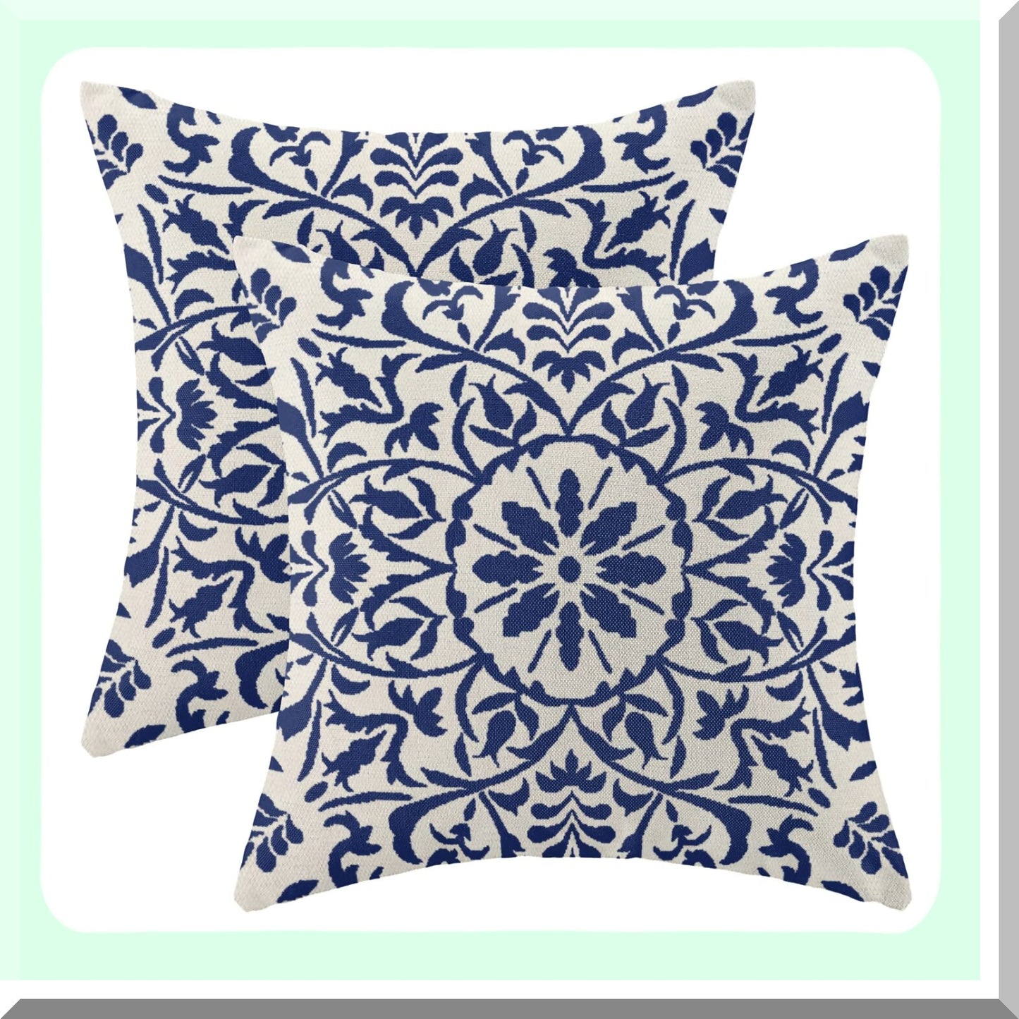 Boho Blue Carpet Pillow Set - Ethnic Design Linen Throw Cushion Covers - Farmhouse Decor for Sofa Couch Outdoor - 18x18 Pack of 2