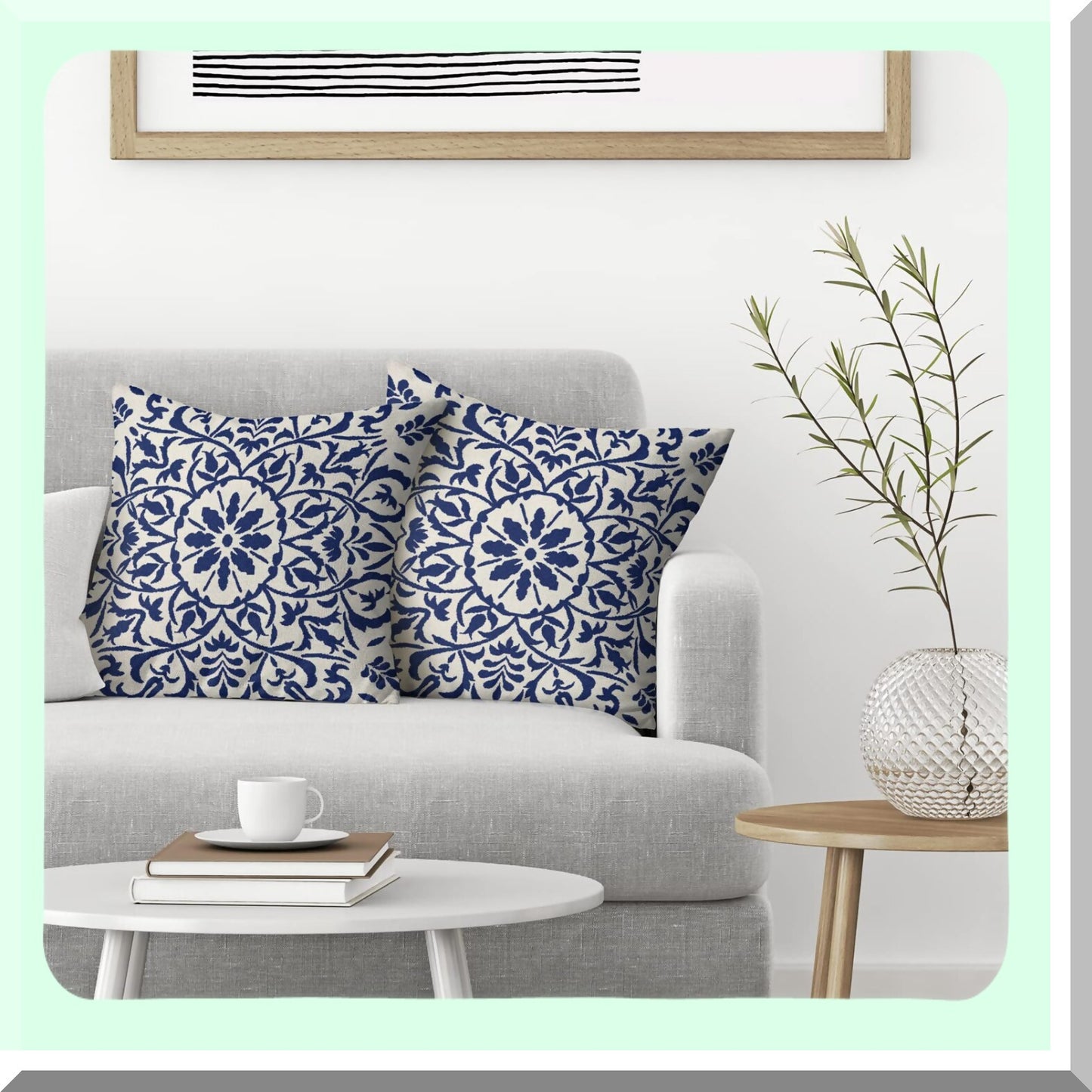 Boho Blue Carpet Pillow Set - Ethnic Design Linen Throw Cushion Covers - Farmhouse Decor for Sofa Couch Outdoor - 18x18 Pack of 2