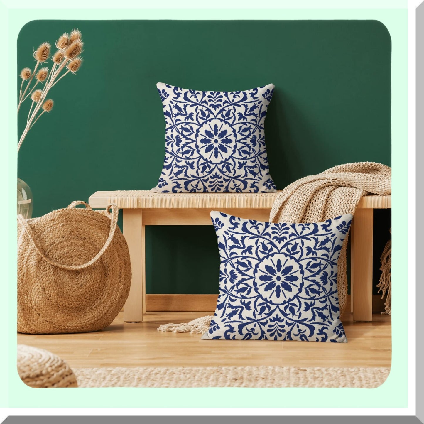 Boho Blue Carpet Pillow Set - Ethnic Design Linen Throw Cushion Covers - Farmhouse Decor for Sofa Couch Outdoor - 18x18 Pack of 2