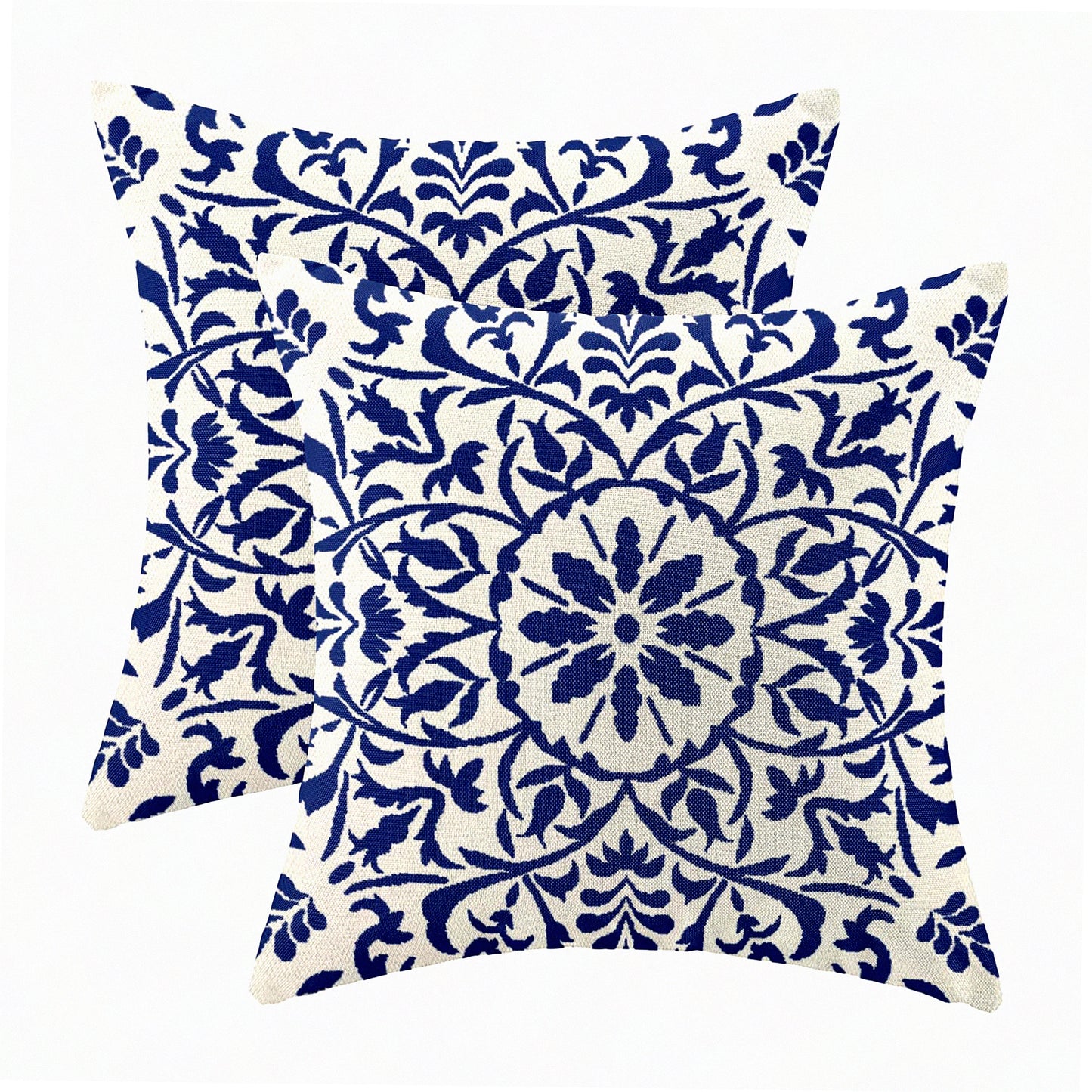 Boho Blue Carpet Pillow Set - Ethnic Design Linen Throw Cushion Covers - Farmhouse Decor for Sofa Couch Outdoor - 18x18 Pack of 2