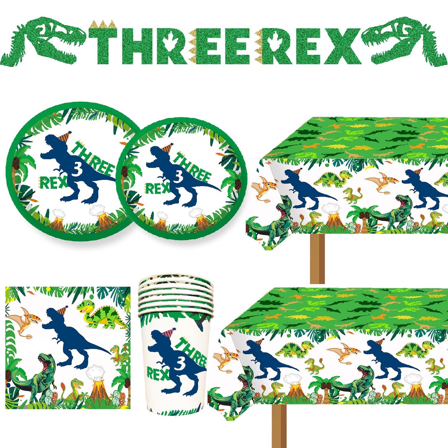 Dino Bash 3-Year-Old Party Pack - Plates, Napkins, Cups, Banners, Table Cloth & Decorations - T-Rex Themed Birthday Supplies for Boys - 3 Rex Dinosaurs