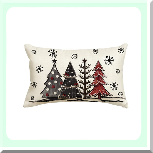 Red Black Buffalo Plaid Winter Trees Pillow Cover - Seasonal Holiday Cushion Case for Sofa Couch - Watercolor 12x20 Inch Decoration