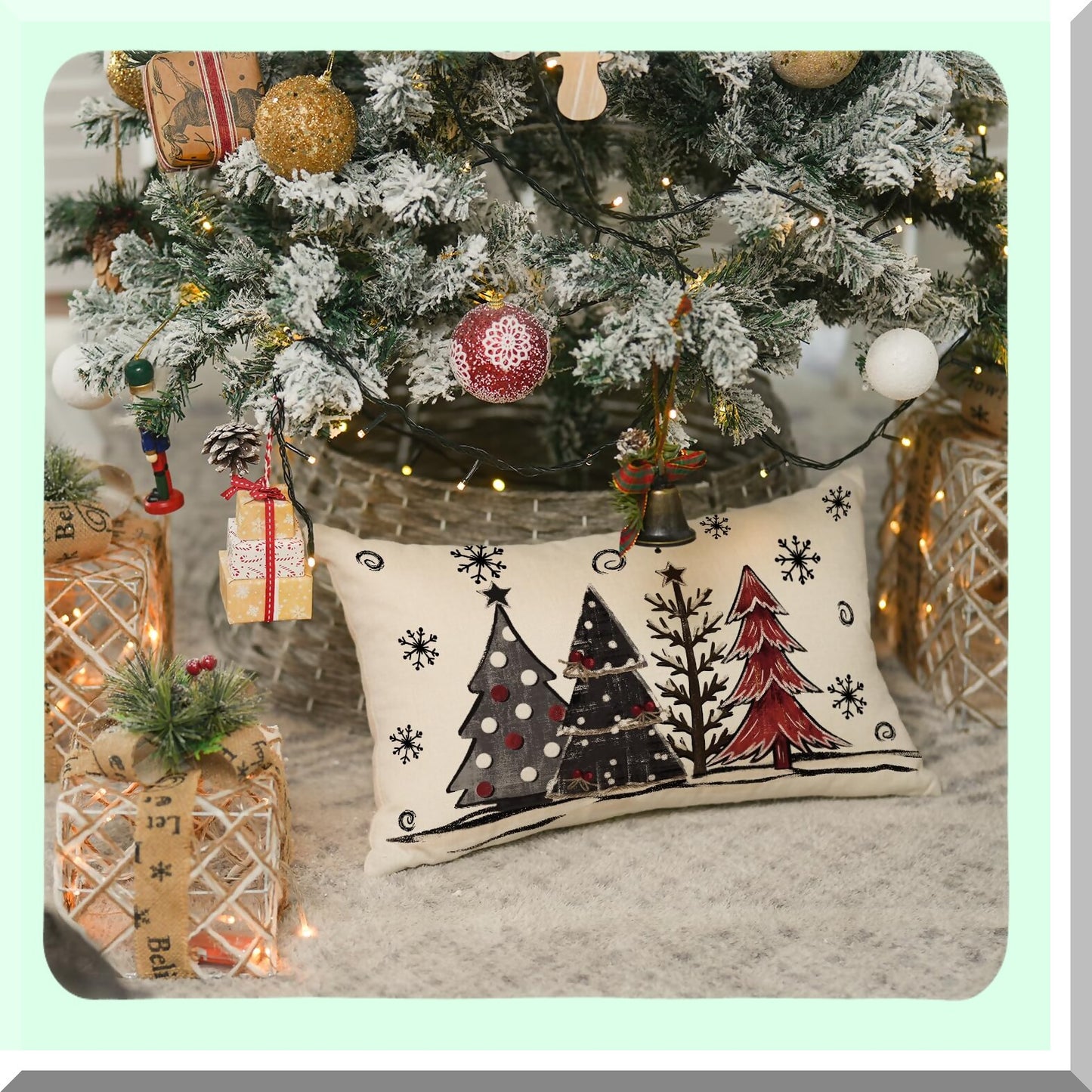 Red Black Buffalo Plaid Winter Trees Pillow Cover - Seasonal Holiday Cushion Case for Sofa Couch - Watercolor 12x20 Inch Decoration