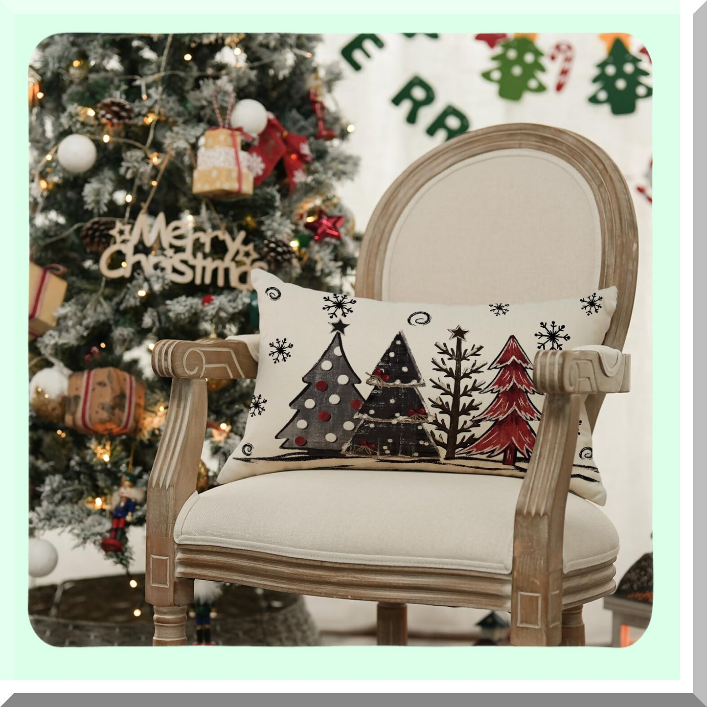 Red Black Buffalo Plaid Winter Trees Pillow Cover - Seasonal Holiday Cushion Case for Sofa Couch - Watercolor 12x20 Inch Decoration