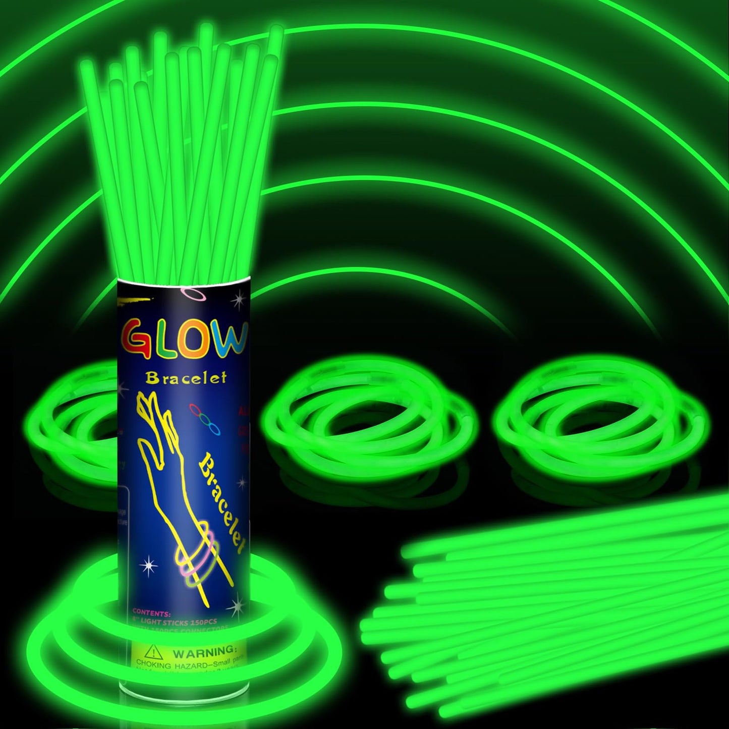 Glow Party Pack - 150 Glow Sticks Bracelet Set with Connectors for St Patrick's Day Holiday Decoration. Neon Green Accessories for Fun in the Dark!