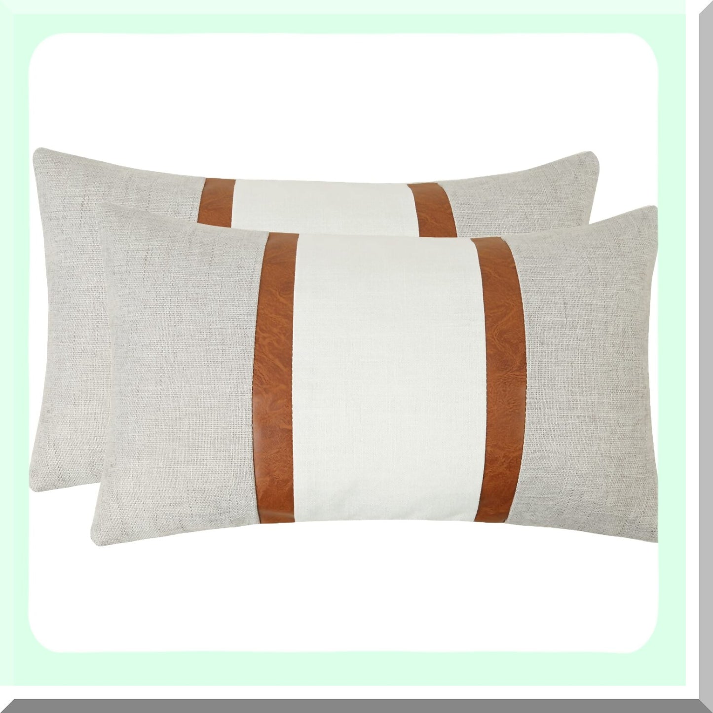 Slub Cotton Leather Lumbar Pillowcase Set - White Grey Decorative Throw Cushion Cover for Couch Sofa - 12x20 Rectangle Case Pack of 2