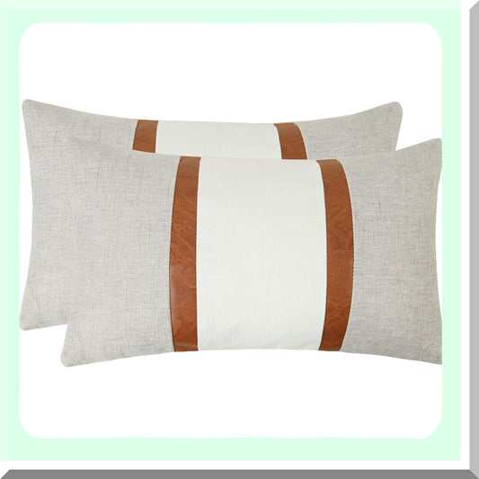 Slub Cotton Leather Lumbar Pillowcase Set - White Grey Decorative Throw Cushion Cover for Couch Sofa - 12x20 Rectangle Case Pack of 2