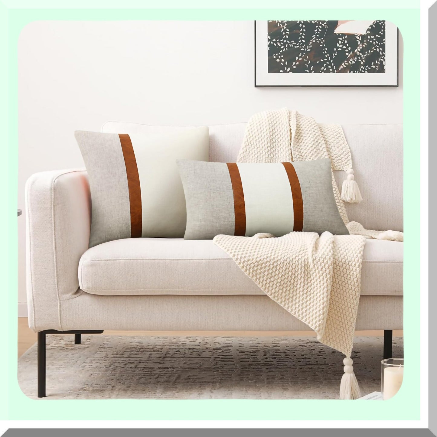 Slub Cotton Leather Lumbar Pillowcase Set - White Grey Decorative Throw Cushion Cover for Couch Sofa - 12x20 Rectangle Case Pack of 2