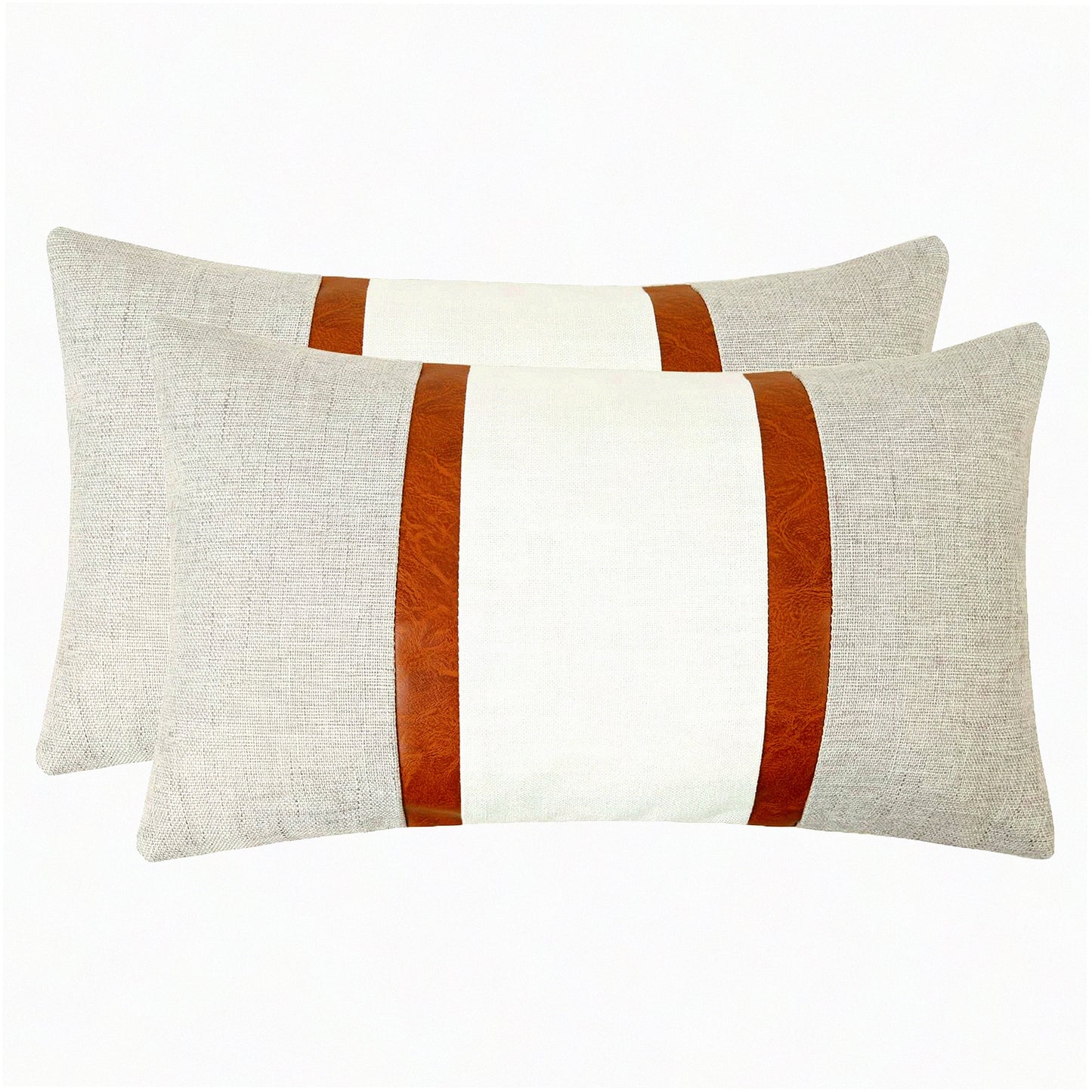 Slub Cotton Leather Lumbar Pillowcase Set - White Grey Decorative Throw Cushion Cover for Couch Sofa - 12x20 Rectangle Case Pack of 2