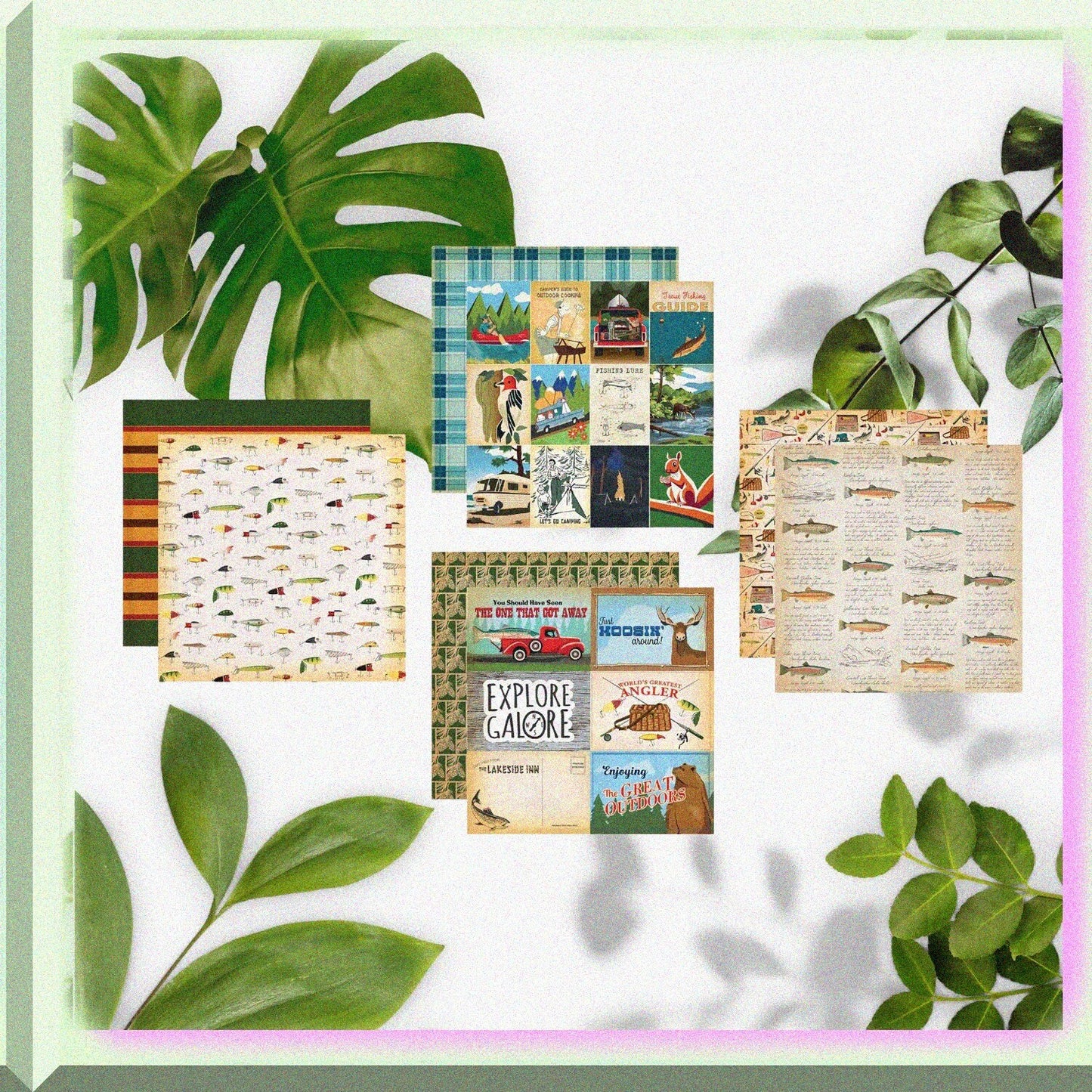 Outdoor Camping and Fishing Scrapbook Paper Set of 4
