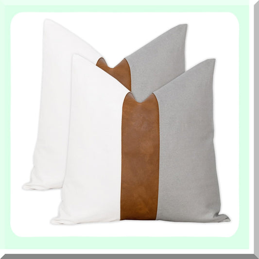 Modern Farmhouse Leather Pillow Covers - Set of 2 | Decorative Square Sofa Bed Couch Accent Cases | 18x18 Inches Throw Pillow Cover Pack