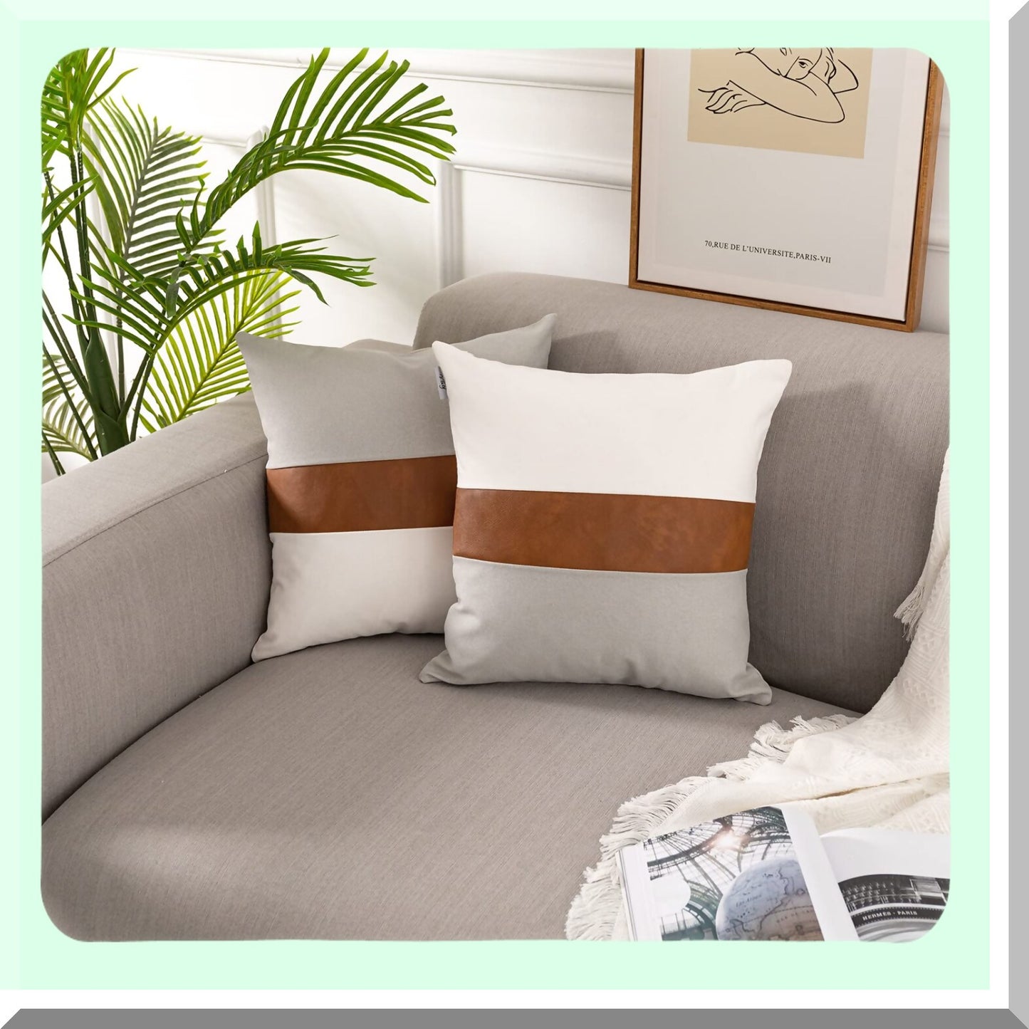 Modern Farmhouse Leather Pillow Covers - Set of 2 | Decorative Square Sofa Bed Couch Accent Cases | 18x18 Inches Throw Pillow Cover Pack