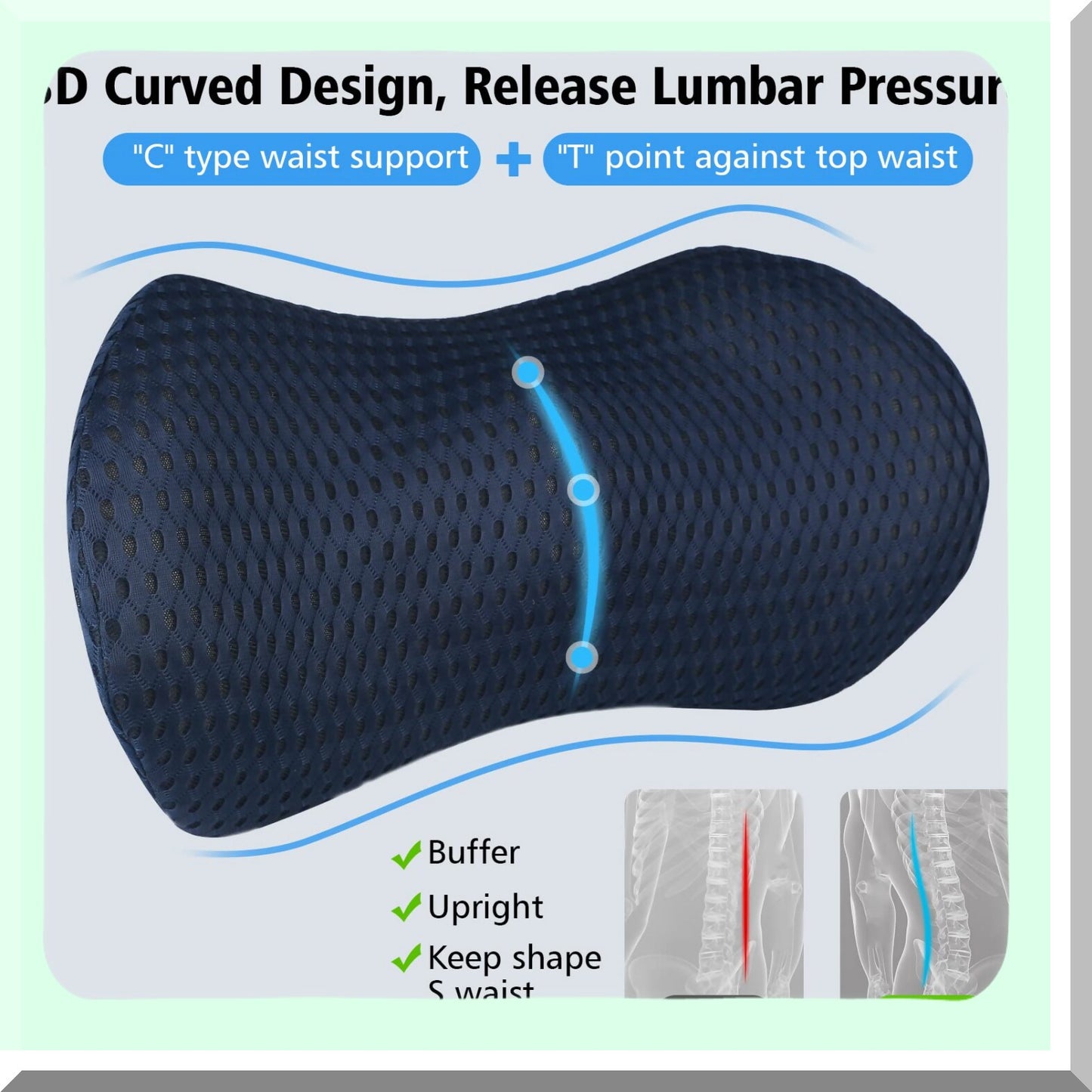 MemoryFoam Lumbar Support Pillow - Back Pain Relief Cushion for Office Chair, Car Seat, Sleeping, Travel, Couch - Lower Back Support Rest Pillow