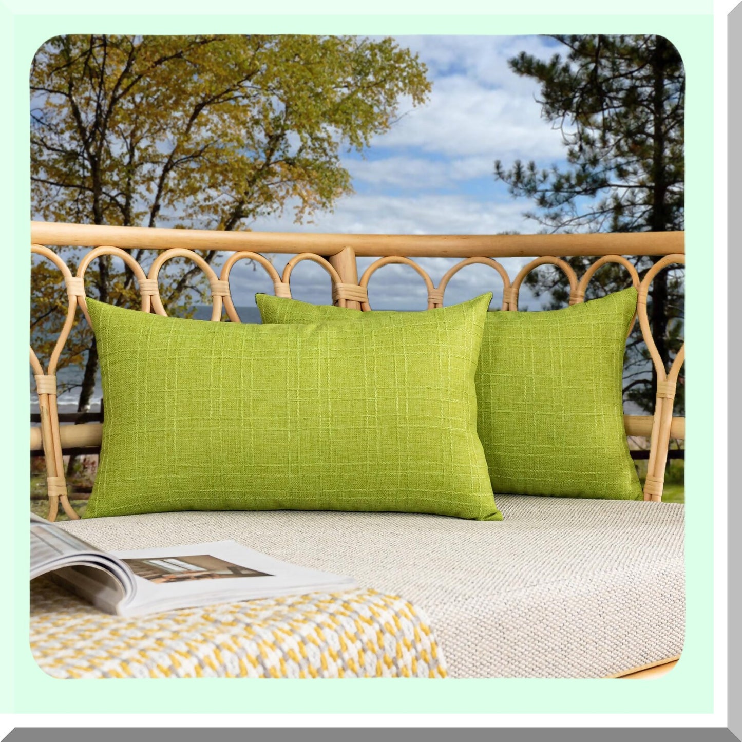 Waterproof Checkered Outdoor Pillow Covers - Set of 2 | Decorative Square Cushion Cases for Patio Couch | Green 12x20 inches 30x50 cm