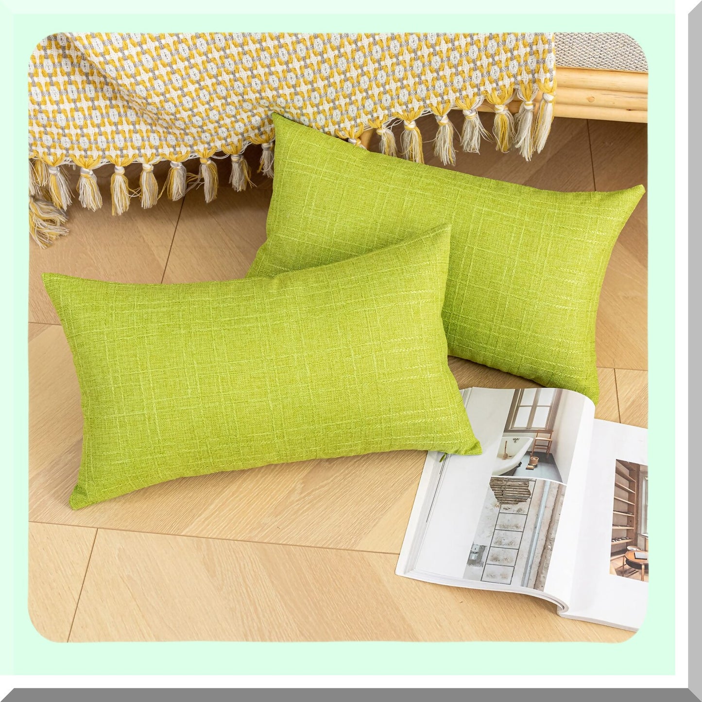 Waterproof Checkered Outdoor Pillow Covers - Set of 2 | Decorative Square Cushion Cases for Patio Couch | Green 12x20 inches 30x50 cm
