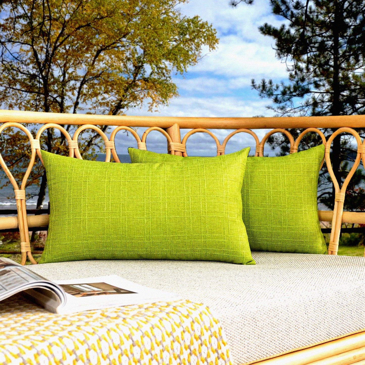 Waterproof Checkered Outdoor Pillow Covers - Set of 2 | Decorative Square Cushion Cases for Patio Couch | Green 12x20 inches 30x50 cm