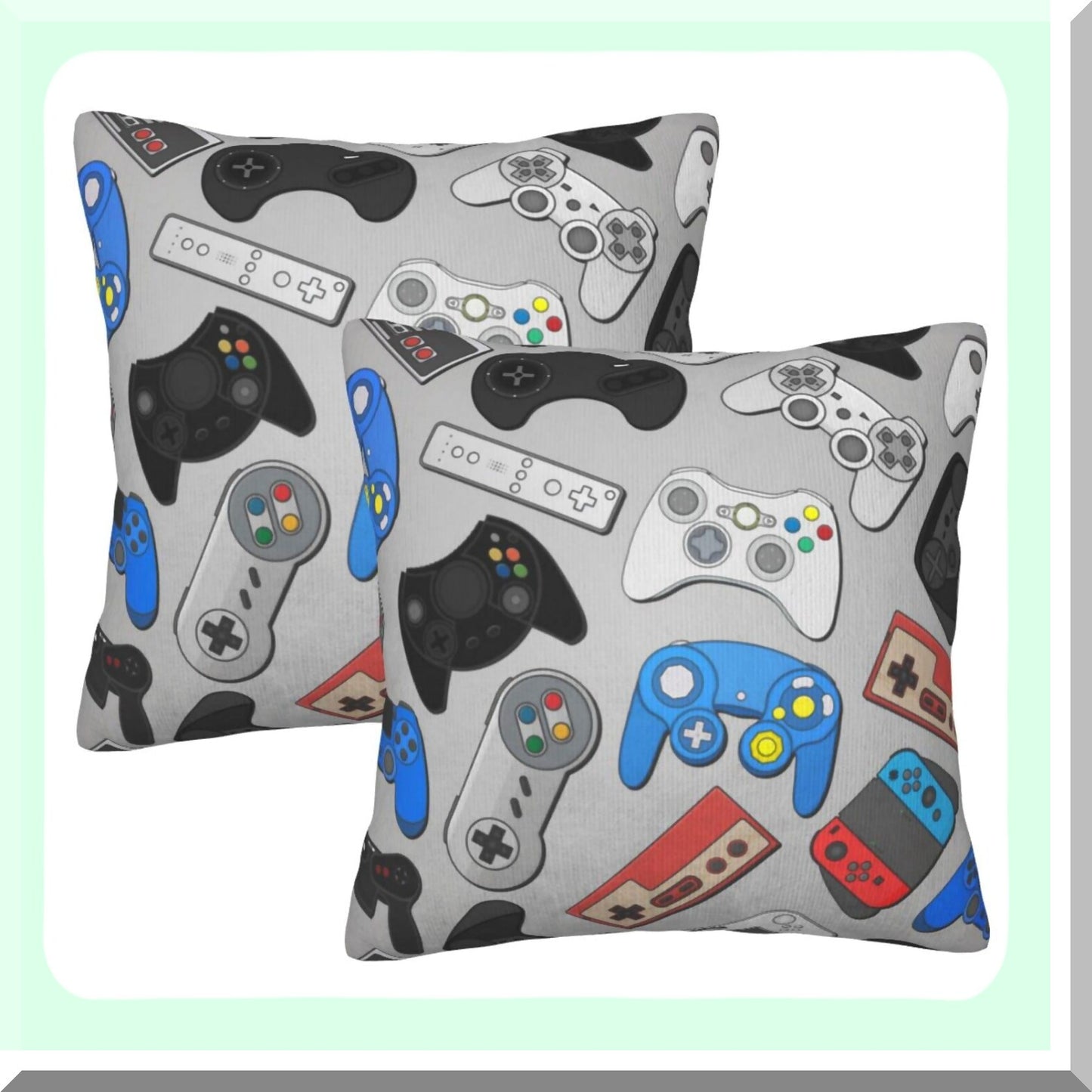 Colorful Gamepad Throw Pillow Covers - Set of 2 Grey Background Video Game Controller Square Cushion Cases - Home Decor for Bedroom Sofa Chair - 18"x18"