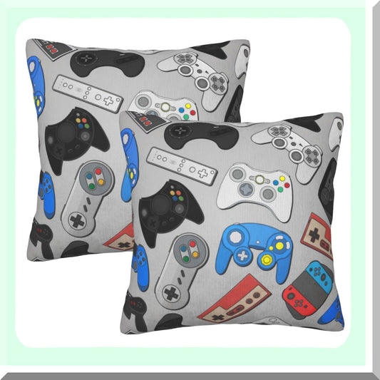 Colorful Gamepad Throw Pillow Covers - Set of 2 Grey Background Video Game Controller Square Cushion Cases - Home Decor for Bedroom Sofa Chair - 18"x18"
