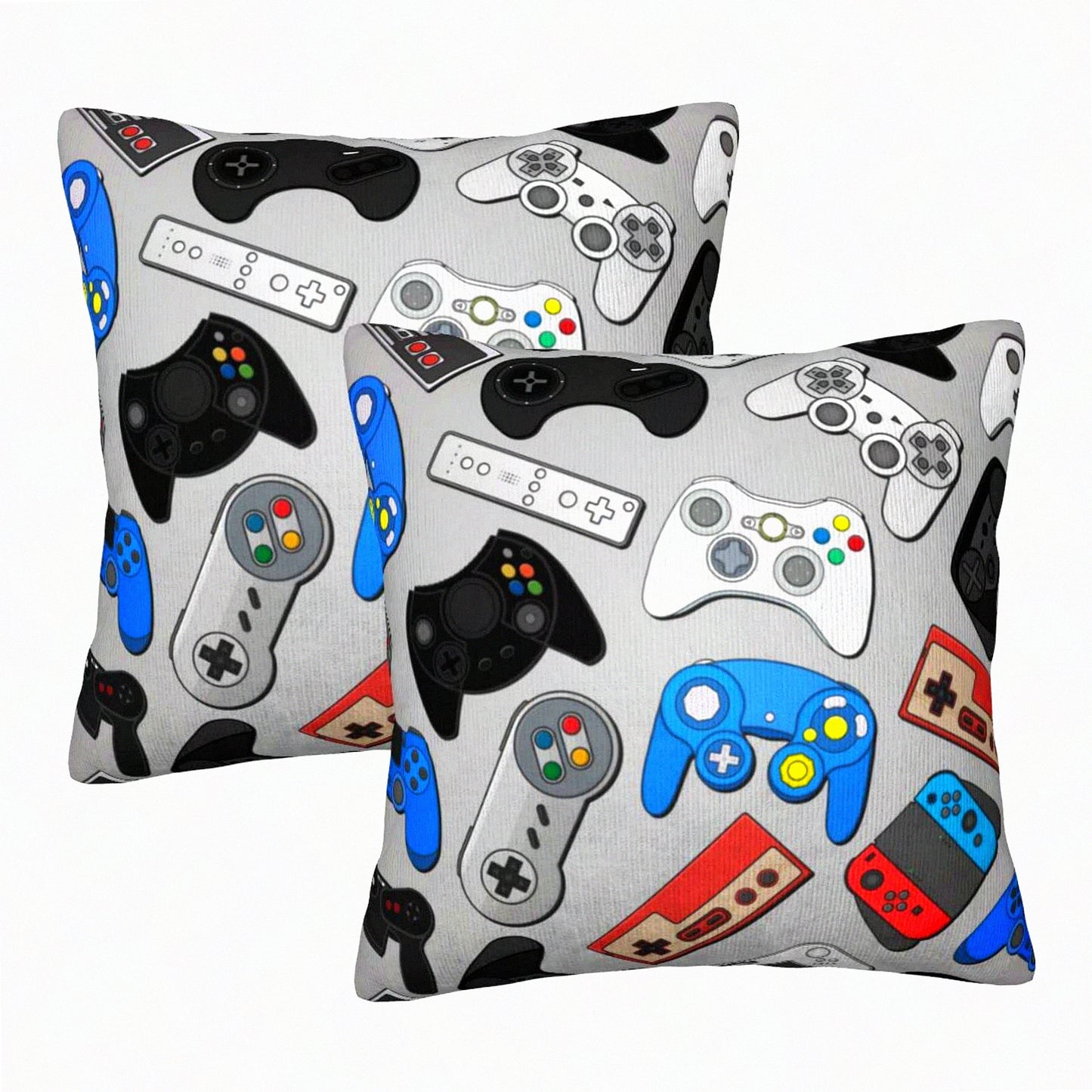 Colorful Gamepad Throw Pillow Covers - Set of 2 Grey Background Video Game Controller Square Cushion Cases - Home Decor for Bedroom Sofa Chair - 18"x18"