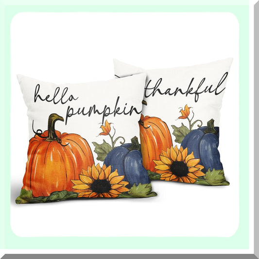 Sunflower Harvest Pillowcase Set - Autumn Decorative Cushion Covers 18x18 Inch - Fall Pumpkin Throw Pillow Covers for Indoor Party, Patio Sofa - Cotton Linen Square Thanksgiving Decor