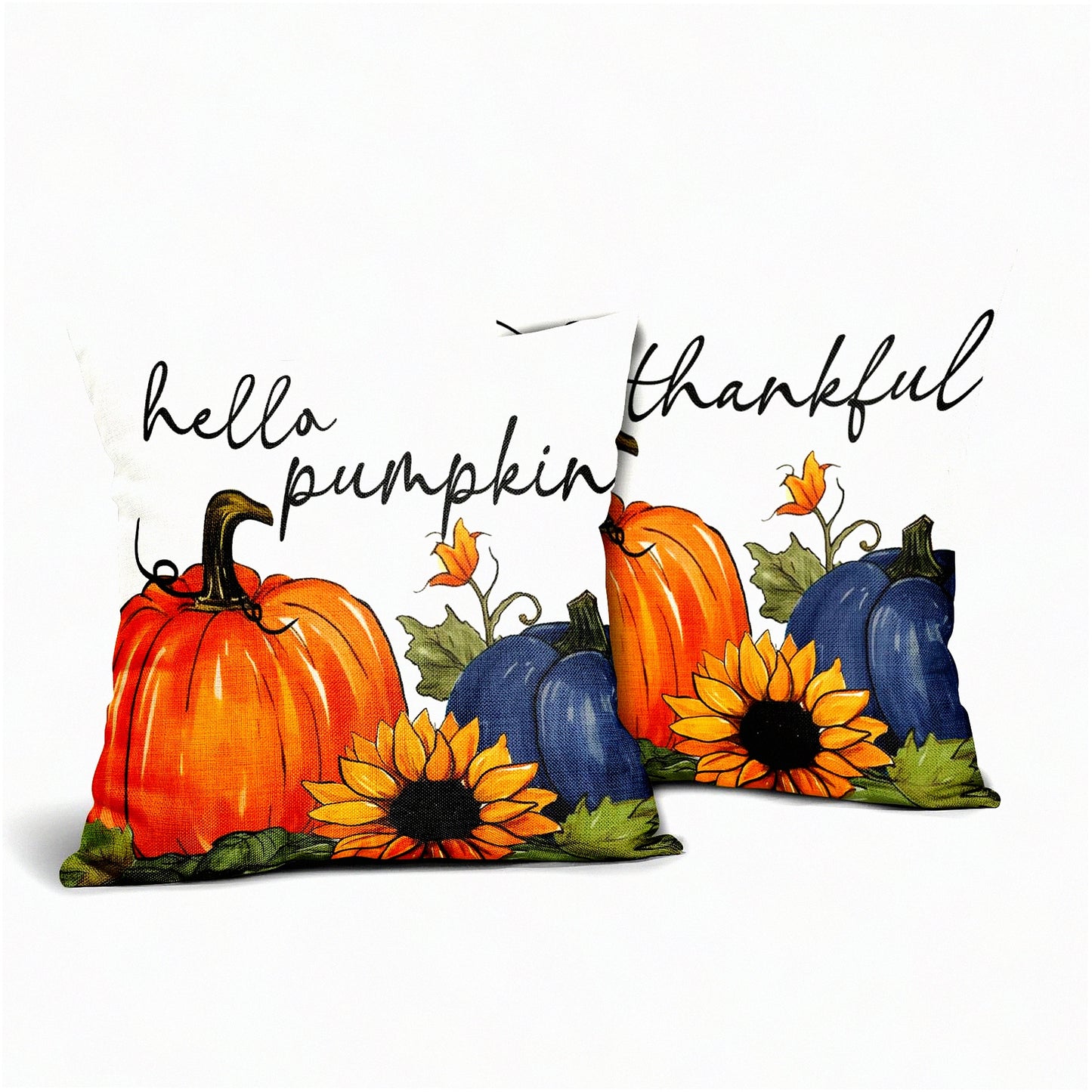 Sunflower Harvest Pillowcase Set - Autumn Decorative Cushion Covers 18x18 Inch - Fall Pumpkin Throw Pillow Covers for Indoor Party, Patio Sofa - Cotton Linen Square Thanksgiving Decor