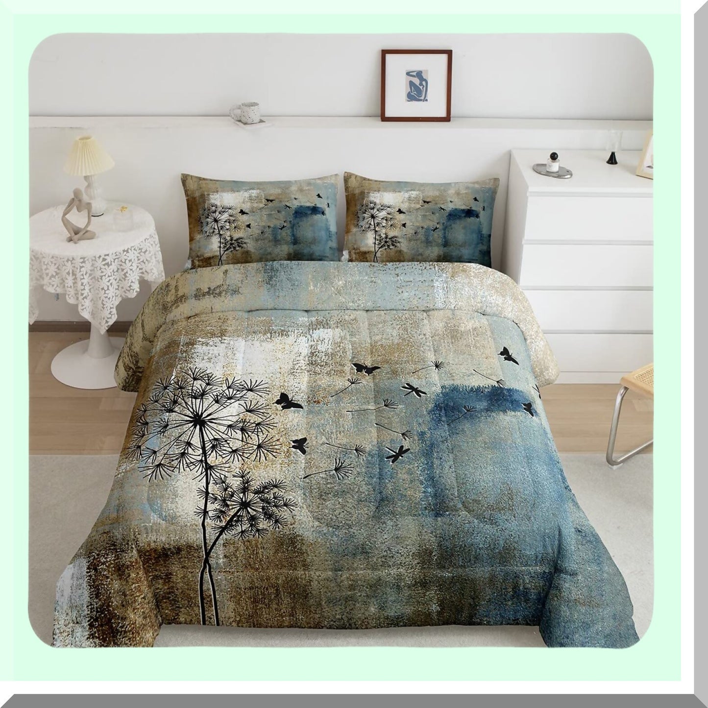 Vintage Geometric Butterfly Comforter Set - Queen Size 3pcs Bedding Set in Brown, Navy Blue, and Grey. Dandelion Quilt with Graffiti Art Design for Adult Room Decor. Includes 2 Pillowcases.