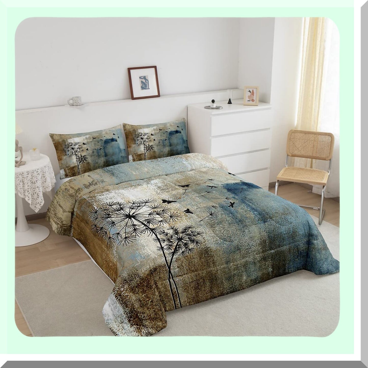 Vintage Geometric Butterfly Comforter Set - Queen Size 3pcs Bedding Set in Brown, Navy Blue, and Grey. Dandelion Quilt with Graffiti Art Design for Adult Room Decor. Includes 2 Pillowcases.