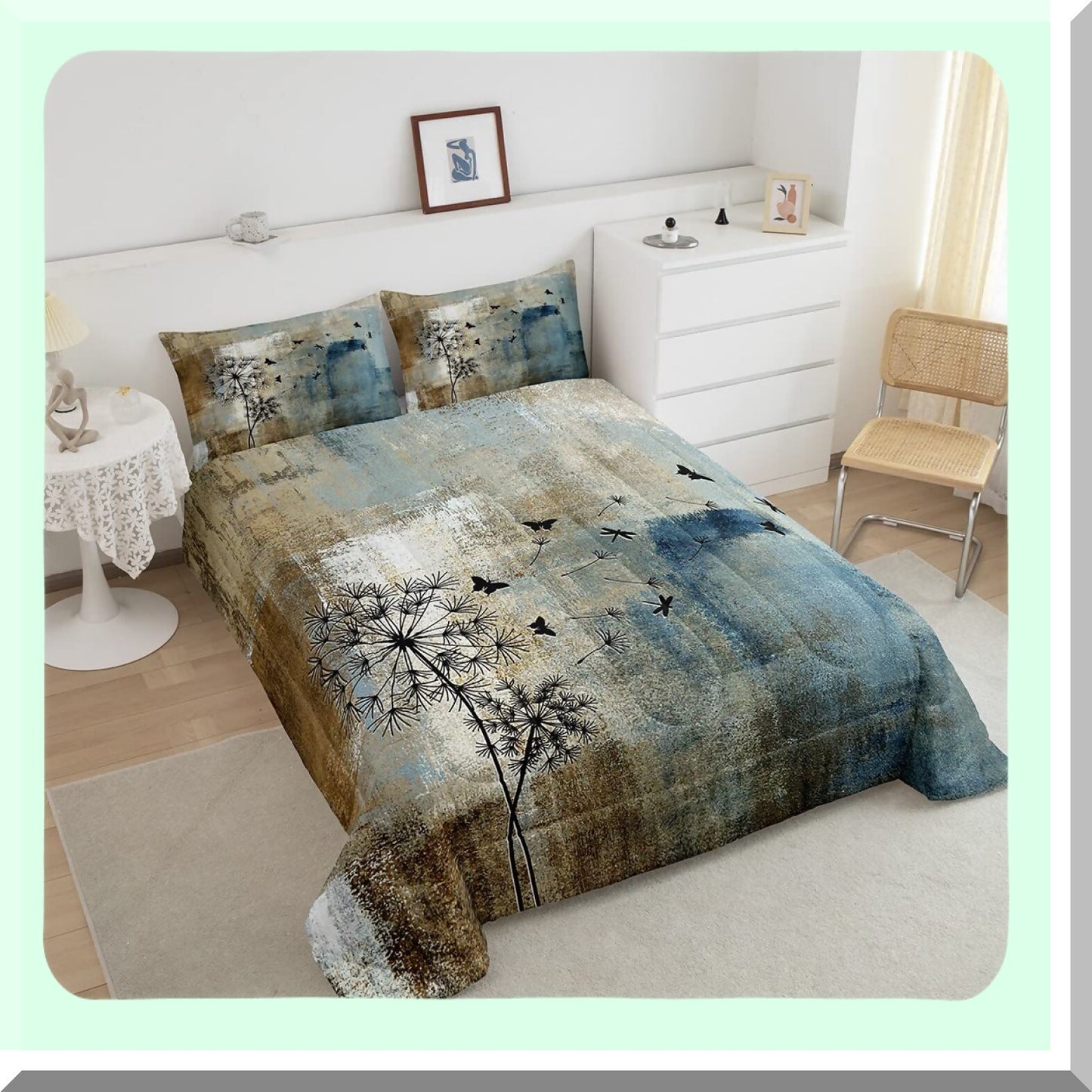 Vintage Geometric Butterfly Comforter Set - Queen Size 3pcs Bedding Set in Brown, Navy Blue, and Grey. Dandelion Quilt with Graffiti Art Design for Adult Room Decor. Includes 2 Pillowcases.