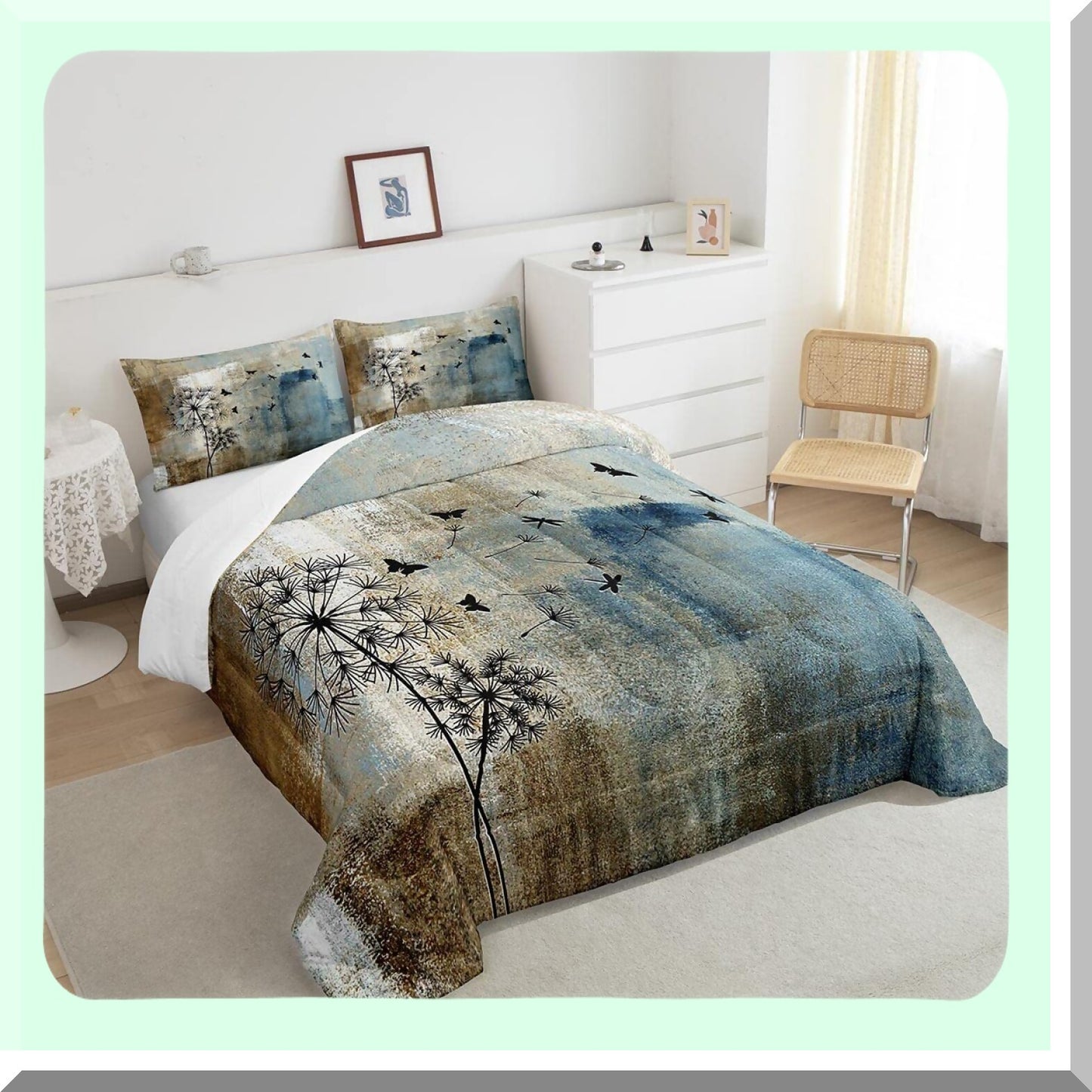 Vintage Geometric Butterfly Comforter Set - Queen Size 3pcs Bedding Set in Brown, Navy Blue, and Grey. Dandelion Quilt with Graffiti Art Design for Adult Room Decor. Includes 2 Pillowcases.