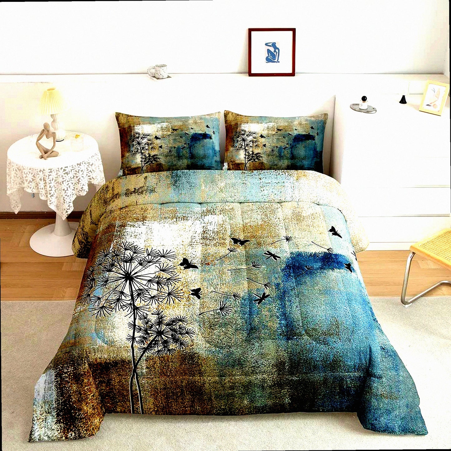 Vintage Geometric Butterfly Comforter Set - Queen Size 3pcs Bedding Set in Brown, Navy Blue, and Grey. Dandelion Quilt with Graffiti Art Design for Adult Room Decor. Includes 2 Pillowcases.