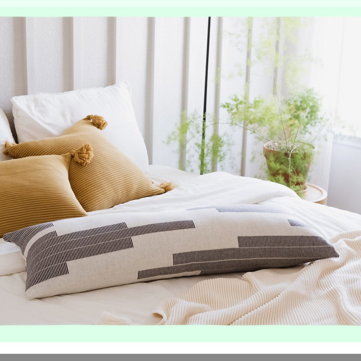 Geometric Cotton Lumbar Pillow Cover - Modern Black Cream Design - 14x36 Throw Pillow Case - Soft Decorative Cushion Cover