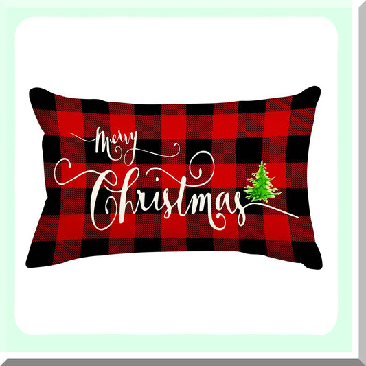 Buffalo Plaid Farmhouse Tree Linen Pillow Cover - Red Black 12x20 Inch Throw Cushion Case for Sofa Chair - Decorations Home Décor