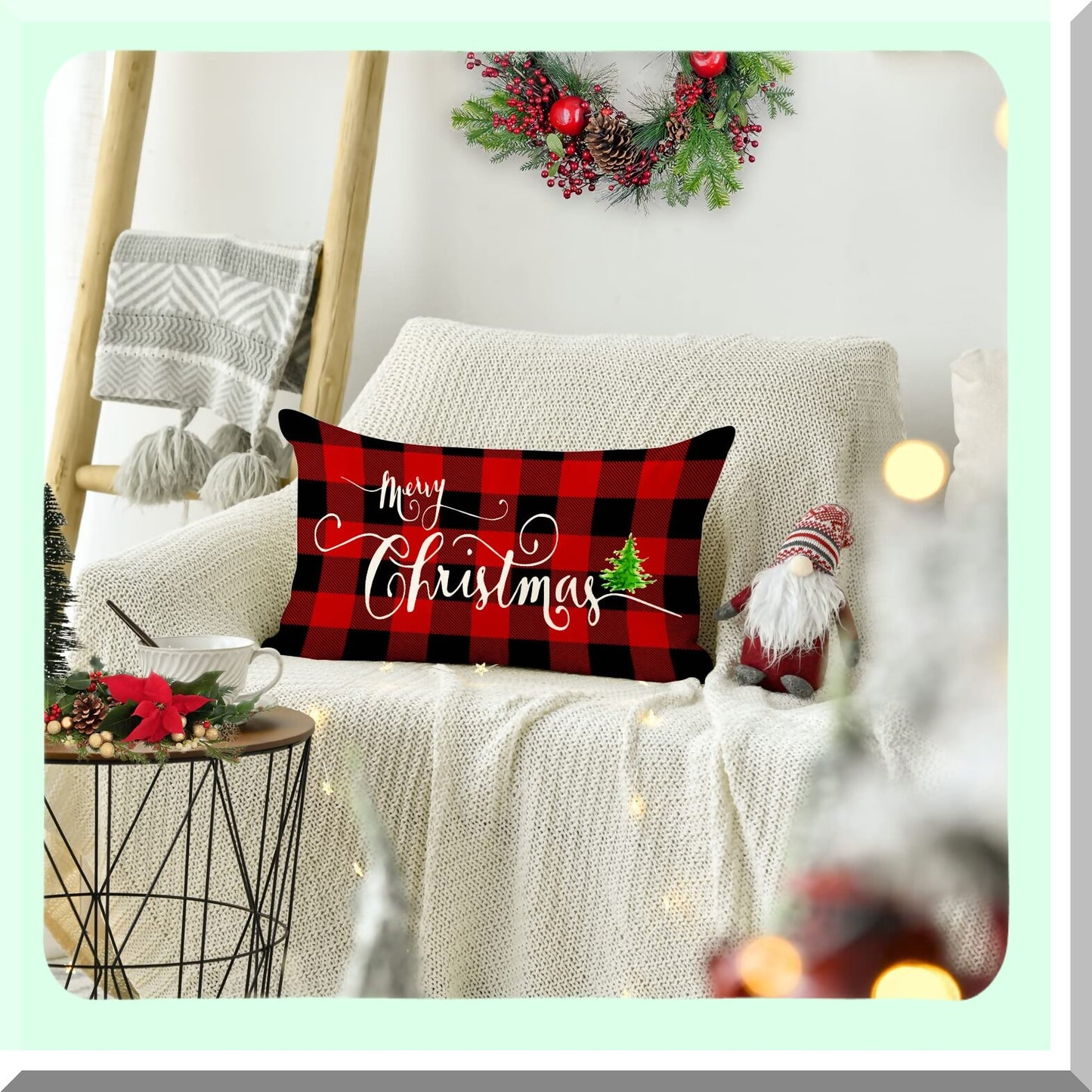 Buffalo Plaid Farmhouse Tree Linen Pillow Cover - Red Black 12x20 Inch Throw Cushion Case for Sofa Chair - Decorations Home Décor