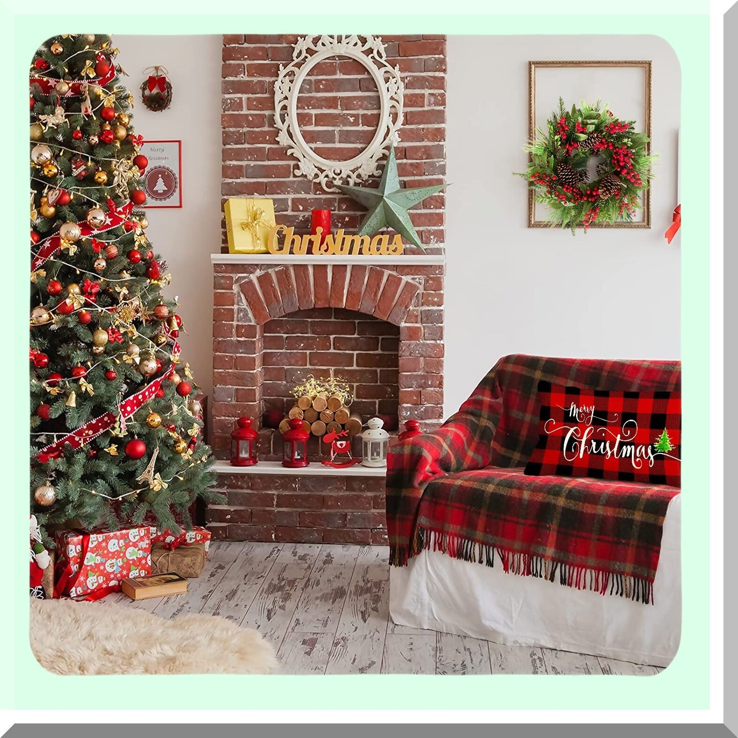 Buffalo Plaid Farmhouse Tree Linen Pillow Cover - Red Black 12x20 Inch Throw Cushion Case for Sofa Chair - Decorations Home Décor