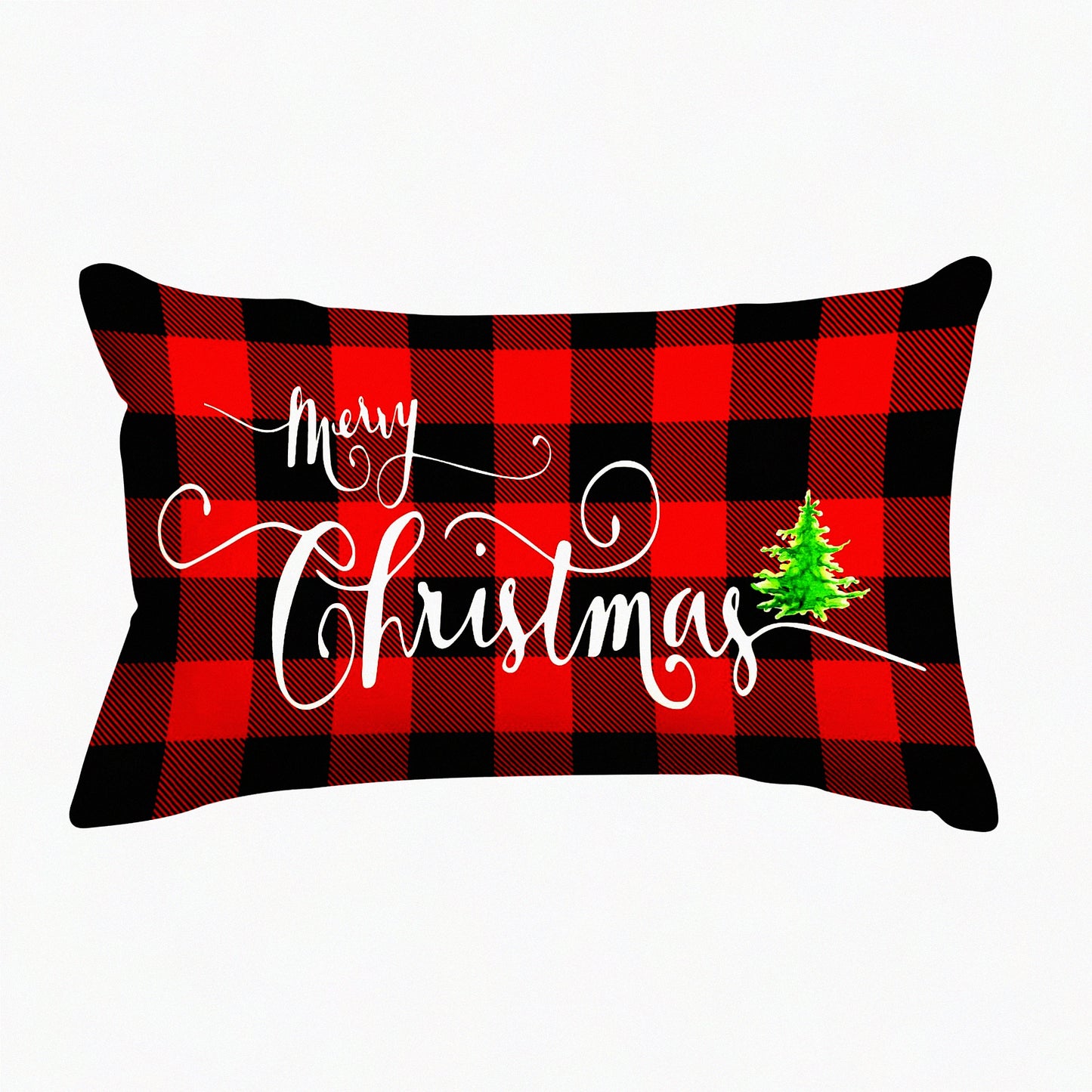 Buffalo Plaid Farmhouse Tree Linen Pillow Cover - Red Black 12x20 Inch Throw Cushion Case for Sofa Chair - Decorations Home Décor