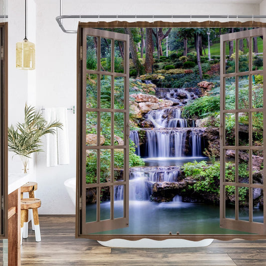Waterfall Shower Curtain Nature Scenic Green Forest 70x70 Inch