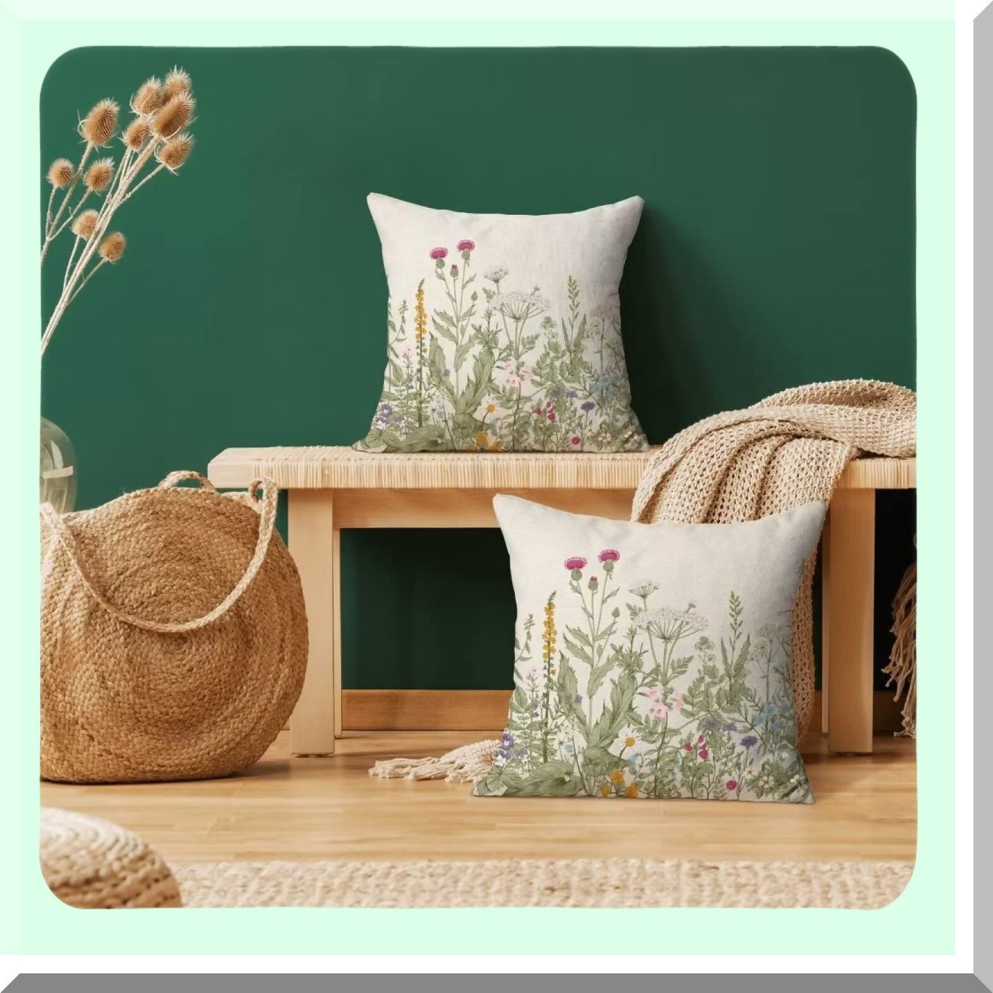 Wildflower Spring Farmhouse Pillow Covers - Set of 2, 18 X 18 Inch Floral Plant Outdoor Decorative Throw Pillows for Couch, Home Sofa Living Room Green