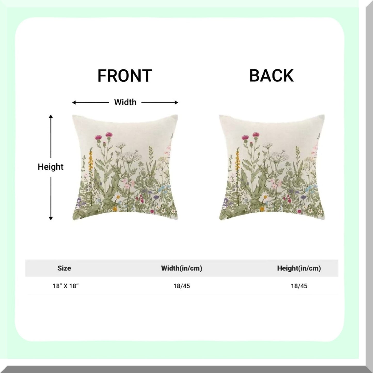 Wildflower Spring Farmhouse Pillow Covers - Set of 2, 18 X 18 Inch Floral Plant Outdoor Decorative Throw Pillows for Couch, Home Sofa Living Room Green