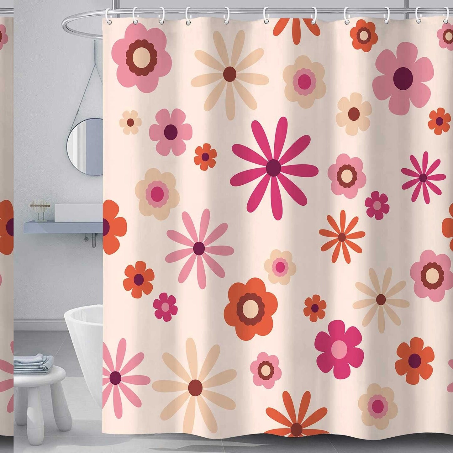 70's Indie Retro Floral Shower Curtain Set, Pink Orange Beige, 72x72 inches