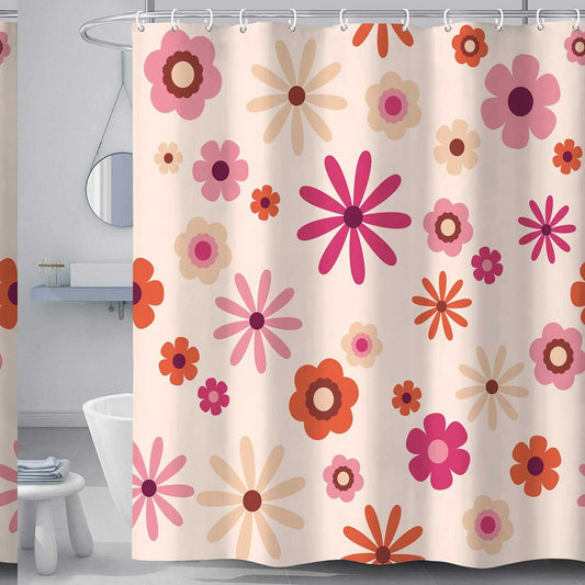 70's Indie Retro Floral Shower Curtain Set, Pink Orange Beige, 72x72 inches