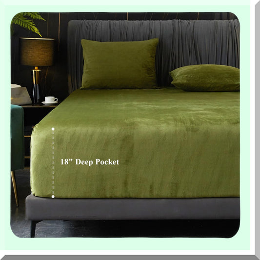 Luxury Flannel Velvet Queen Fitted Sheet - Plush Green Cozy Warmth - Extra Deep Pocket - Soft Comfy Bedding - 1 Pack - No Pillowcases - Bottom Sheet