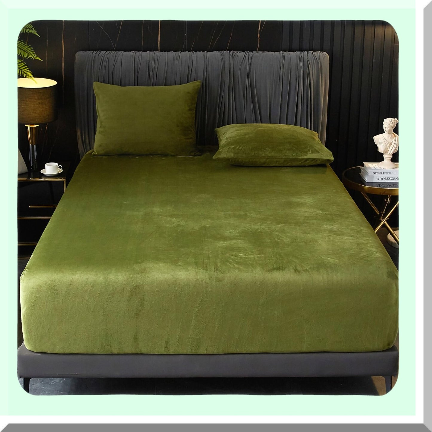 Luxury Flannel Velvet Queen Fitted Sheet - Plush Green Cozy Warmth - Extra Deep Pocket - Soft Comfy Bedding - 1 Pack - No Pillowcases - Bottom Sheet