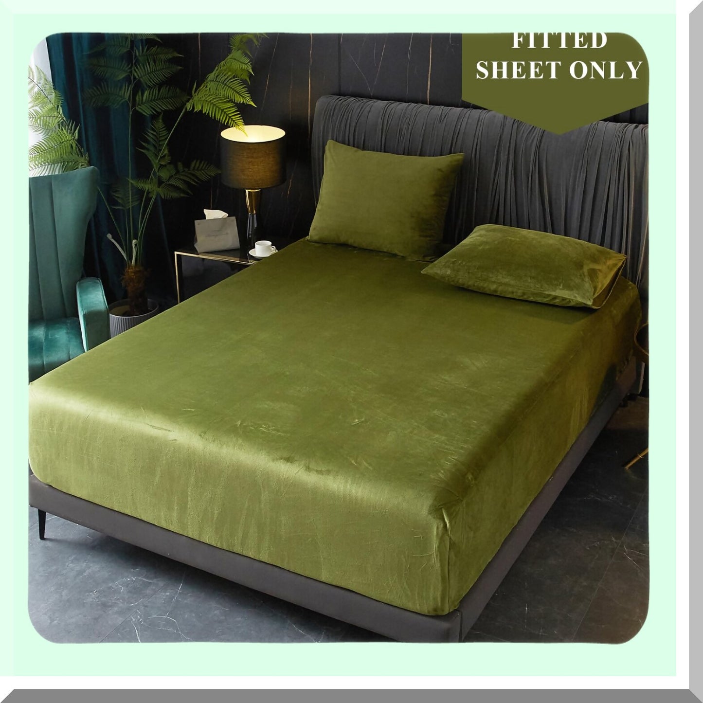 Luxury Flannel Velvet Queen Fitted Sheet - Plush Green Cozy Warmth - Extra Deep Pocket - Soft Comfy Bedding - 1 Pack - No Pillowcases - Bottom Sheet